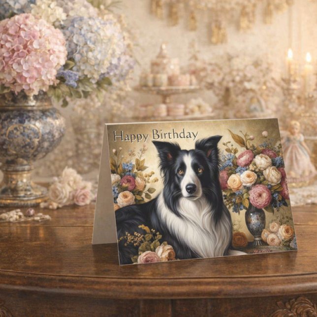Cartão de Aniversário Doblado Border Collie (Elegant vintage Border Collie birthday card for dog lovers )