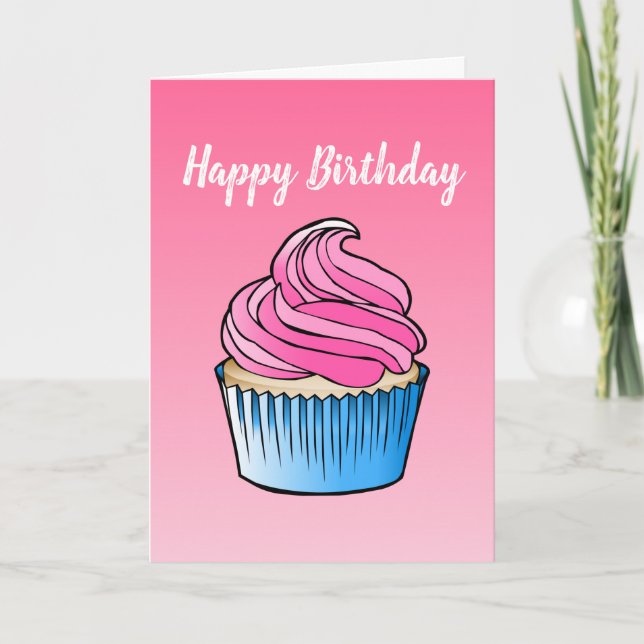 Cartão de aniversário dobrado com Cupcake Rosa (Frente)