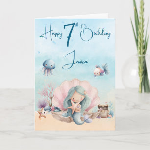 Cartão de Aniversário Dobrável de Sereia de 7 anos