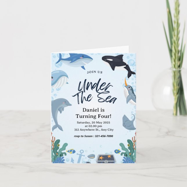 Cartão de Aniversário Dobrável Náutico de Tubarão  (Frente)