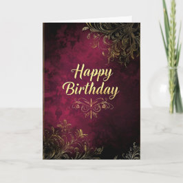 Cartão de Aniversário Dourado Elegante Burgundy e