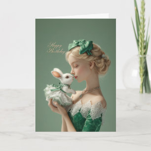 Cartão de Aniversário Elegante com Senhora e Coelh