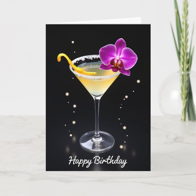 Cartão de Aniversário Elegante de Orquídea com Mar (Frente)