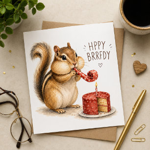 Cartão de aniversário em aquarela de esquilo fofo