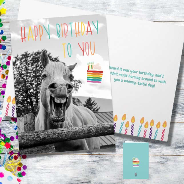 Cartão de Aniversário Engraçado (Funny Horse Birthday Card, Horse laughing)