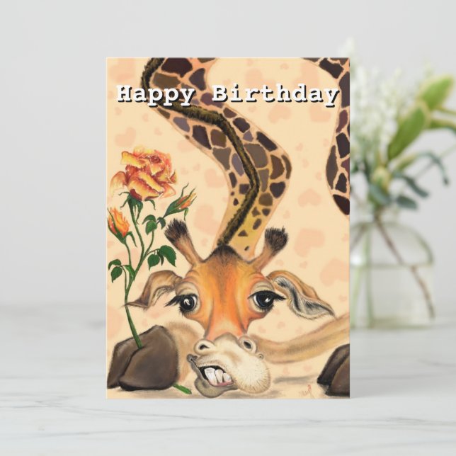 Cartão de aniversário engraçado com girafa românti (Em pé/Frente)