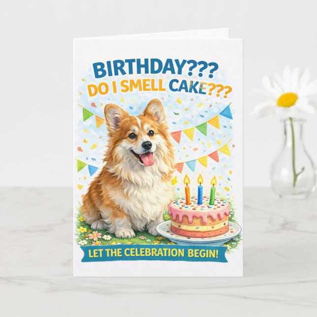 Cartão de Aniversário Engraçado de Corgi – “Sinto  (Planta pequena)