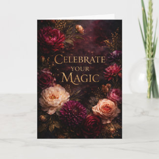 Cartão de Aniversário Escrito em Dourado com Flora