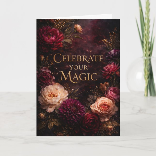 Cartão de Aniversário Escrito em Dourado com Flora (Frente)