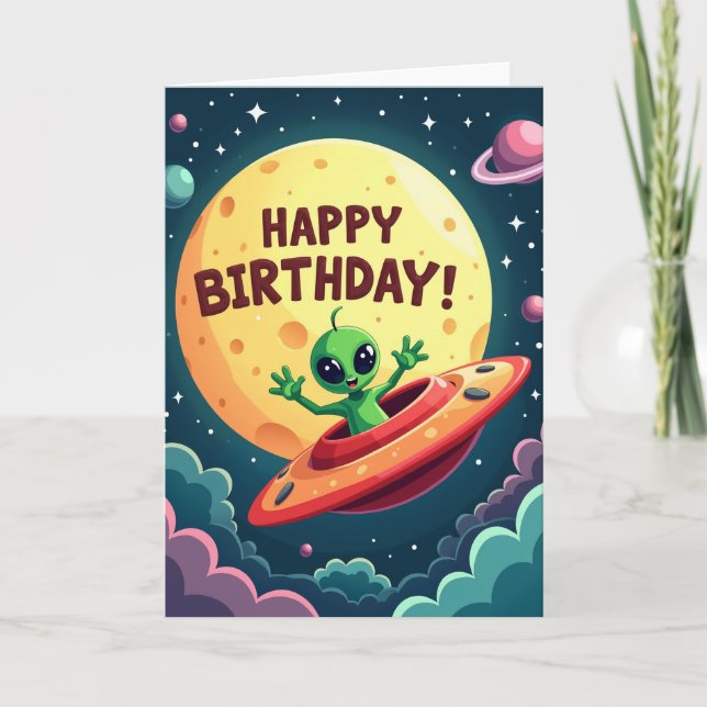 Cartão de Aniversário Espacial Alien (Frente)