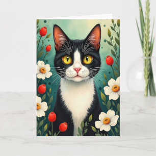Cartão de Aniversário Felino Floral Doce