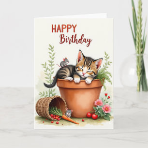Cartão de Aniversário Felino Sonolento Doce