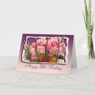 Cartão de Aniversário Feliz 70 - Tulipas cor-de-ro