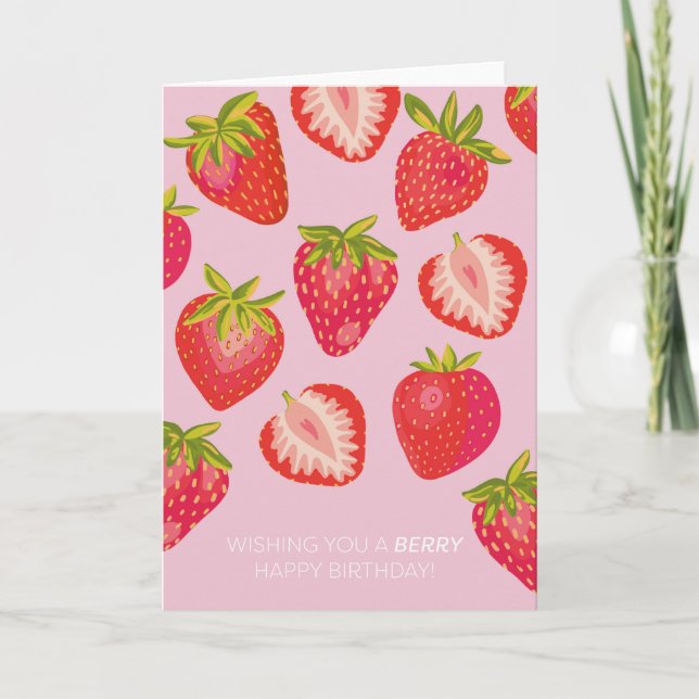Cartão de Aniversário Feliz com Morango Rosa (Frente)