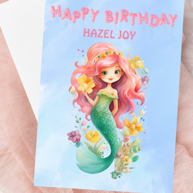 Cartão de Aniversário Feliz da Sereia Personalizad (Personalized Mermaid Birthday Card - Soft Pastel Watercolors - For Mermaid Lovers)