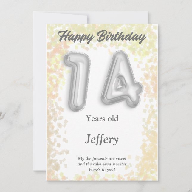 Cartão de Aniversário Feliz, de catorze anos (Frente)