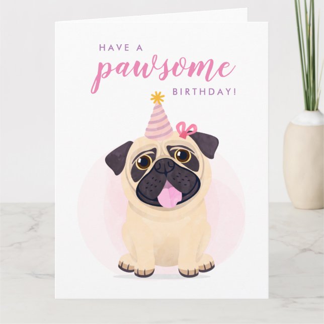Cartão de Aniversário Feliz de Cute Pug (Frente)
