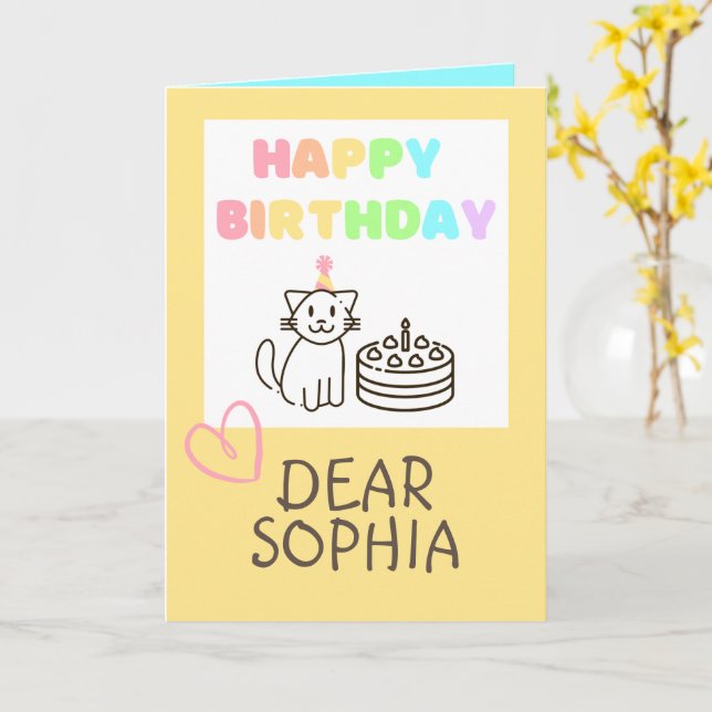 Cartão de Aniversário Feliz de Gato Amarelo e Arco (Flor Amarela)