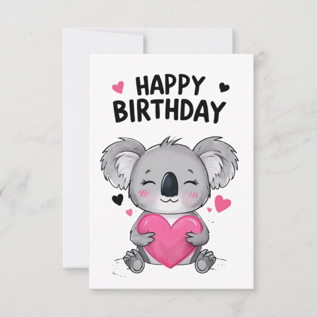 Cartão de Aniversário Feliz de Koala com Corações (Frente)