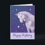 Cartão de aniversário feliz do Unicórnio<br><div class="desc">Bonito unicórnio com um céu azul estrelado neste cartão de aniversário.</div>