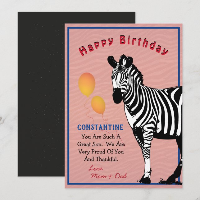 Cartão de Aniversário Feliz para Zebra Animal da S (Frente/Verso)