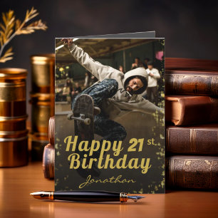 Cartão de Aniversário Feliz Preto e Dourado Foto C