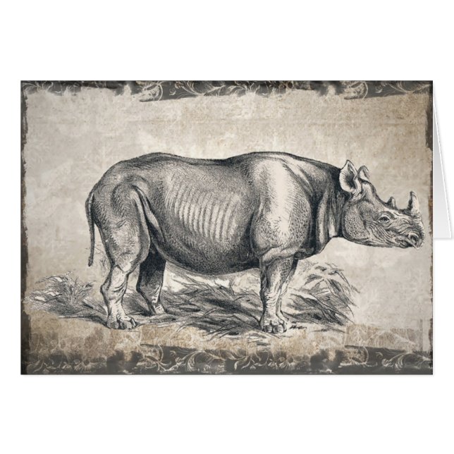 Cartão de Aniversário Feliz Sepia Rhino Ilustrado (Frente Horizontal)