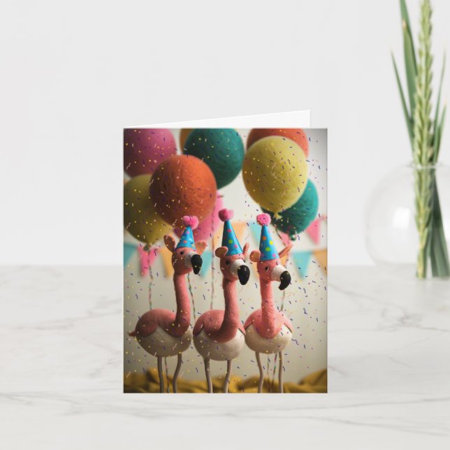 Cartão de Aniversário Flamingos Feliz com Balões (Frente)