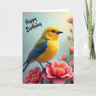 Cartão de Aniversário Flor Coral Pássaro Amarelo