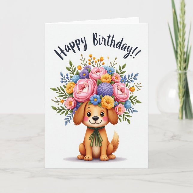 Cartão de Aniversário Floral com Cachorro Alegre (Frente)