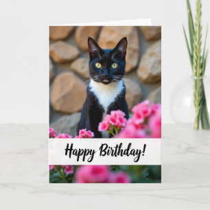 Cartão de Aniversário Floral com Gato Alegre