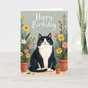 Cartão de Aniversário Floral com Gato Sereno