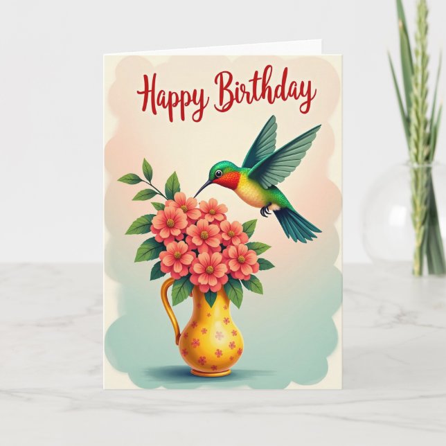 Cartão de Aniversário Floral com Pássaro Voador (Frente)