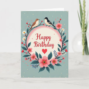 Cartão de Aniversário Floral com Pássaros