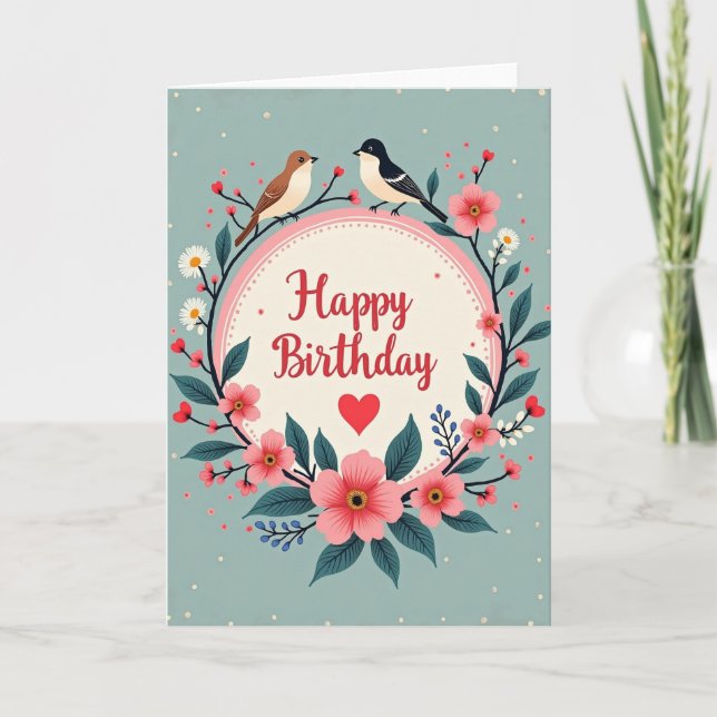 Cartão de Aniversário Floral com Pássaros (Frente)