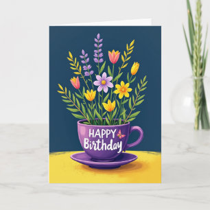 Cartão de Aniversário Floral de Xícara de Chá