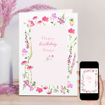 Cartão de Aniversário Floral Delicado de Flor Rosa<br><div class="desc">Simples e delicado, este cartão de aniversário bonito rosa de flor silvestre é decorado dentro e saído com flores silvestres de cor aquática. Você pode personalizar a frente e o dentro de mensagens. A elegante tipografia feminina na frente lê atualmente Happy Birthday Name e você pode editá-la com um nome...</div>