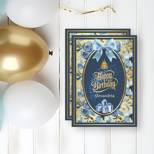 Cartão de Aniversário Floral em Aquarela Azul Eleg (Criador carregado)
