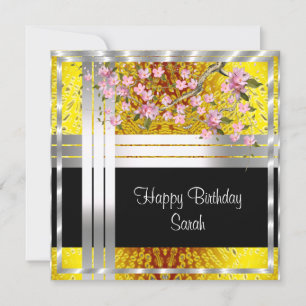 Cartão de aniversário floral prata dourado