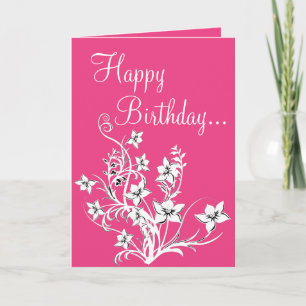 Cartão de Aniversário Floral Rosa Quente Branco e