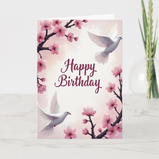 Cartão de aniversário floral suave com pássaros (Frente)
