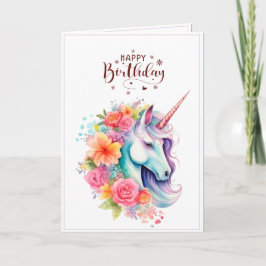 Cartão de Aniversário Floral Unicórnio Aquarela
