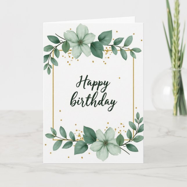 Cartão de Aniversário Floral Verde Script (Frente)