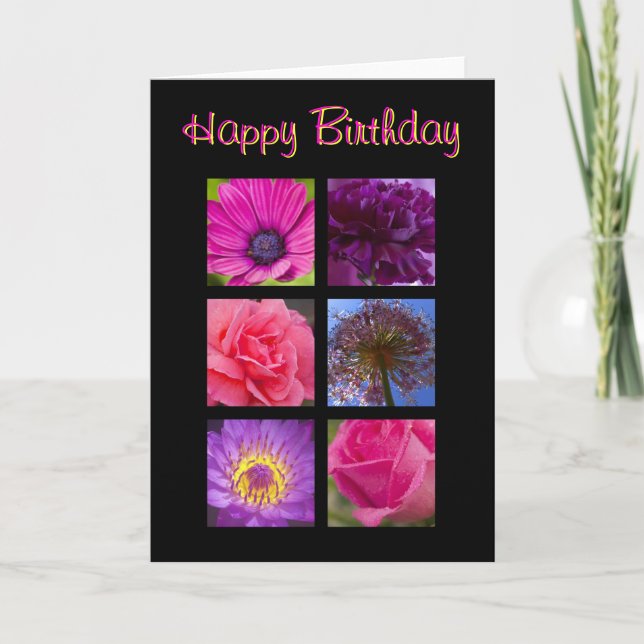 Cartão de aniversário - flores roxas cor-de-rosa (Frente)