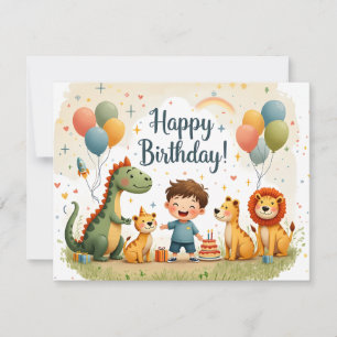 Cartão de Aniversário Fofo com Animais e Menino