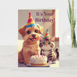 Cartão de Aniversário Fofo de Cachorro & Gato