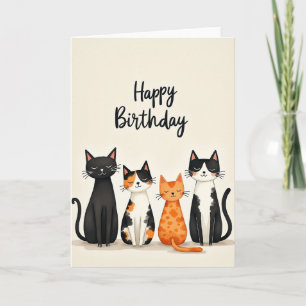 Cartão de Aniversário Fofo para Quatro Felinos