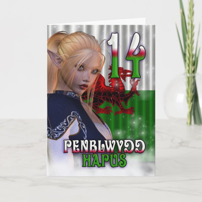 Cartão de Aniversário Galês, Penblwydd Hapus 14 (Frente)