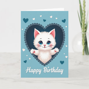 Cartão de Aniversário Gatinho Coração Azul