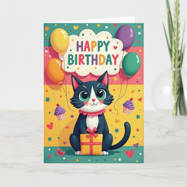 Cartão de Aniversário Gatinho Doce Presente (Frente)